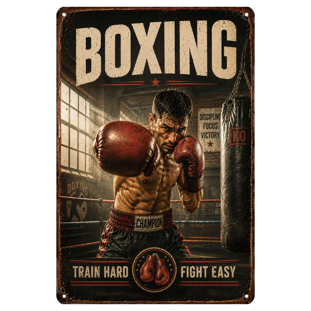 Blechschild 20x30cm – Boxing Train Hard Fight Easy Fitness Schild – Produktansicht 1