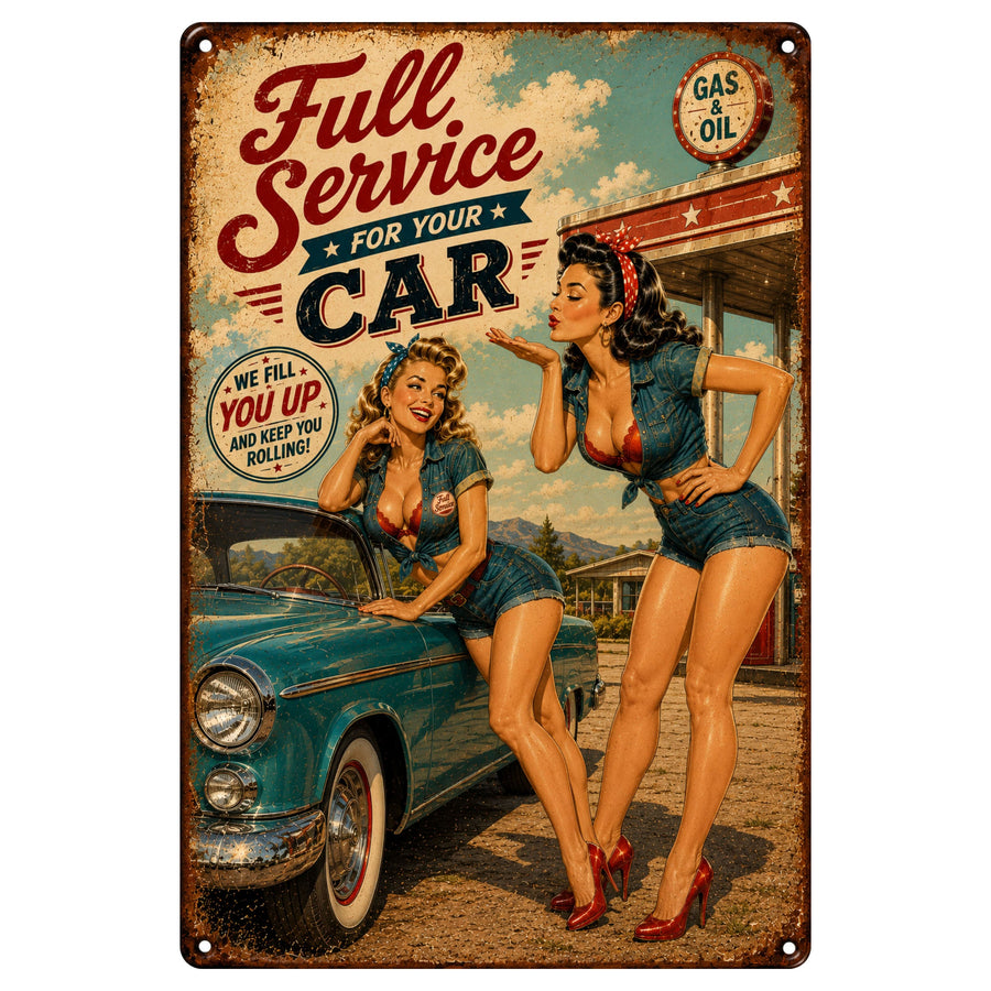 Blechschild 20x30cm – Full Service For Your Car Pin-Up Retro Tankstelle – Produktansicht 1