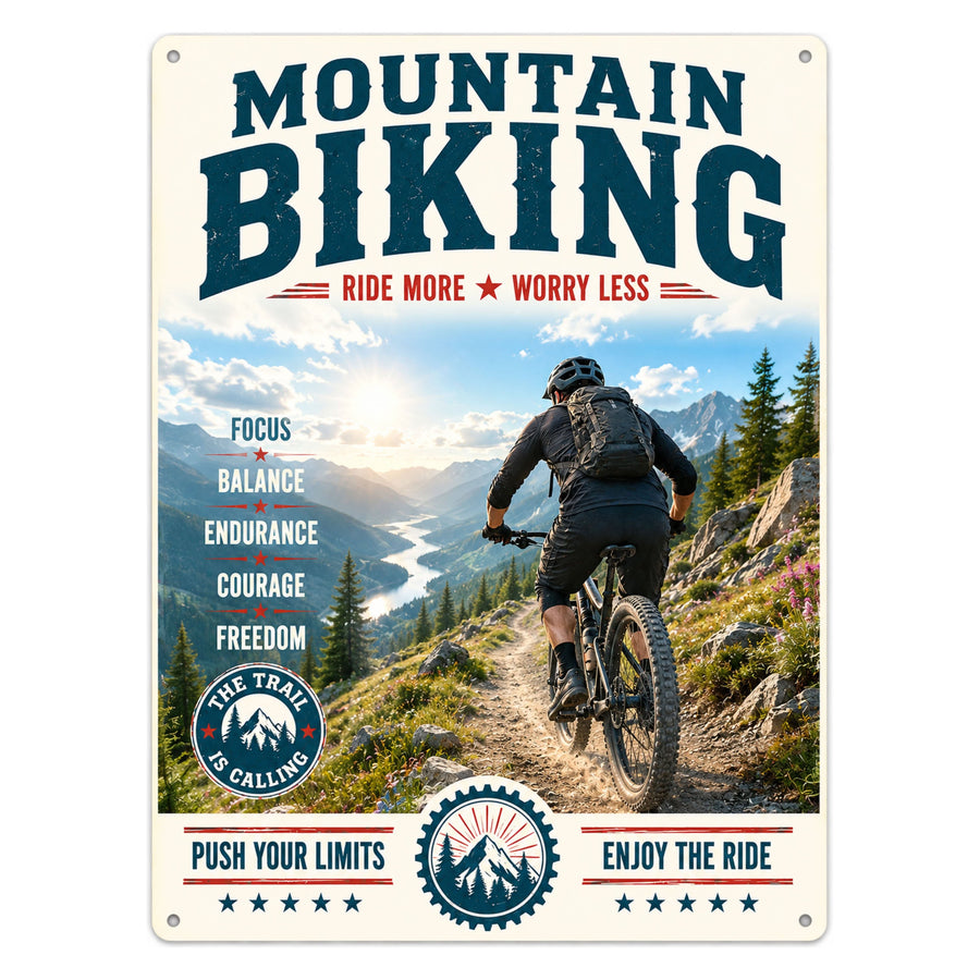 Blechschild 20x30cm – Mountain Biking Ride More Worry Less Schild – Produktansicht 1