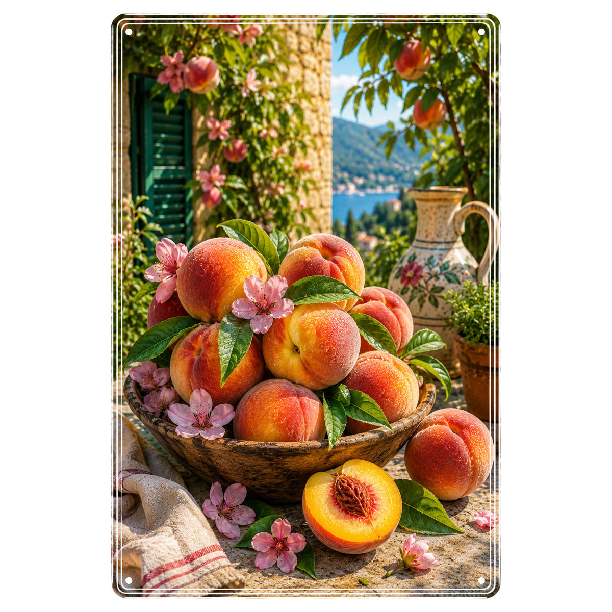 Blechschild 20x30cm – Pfirsiche Mediterrane Sommer Deko Italien Obstgarten Landhausstil – Produktansicht 1