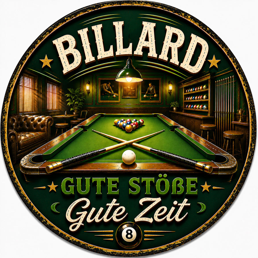 Blechschild Rund 30cm – Billard Gute Stöße Gute Zeit Retro Deko – Produktansicht 1