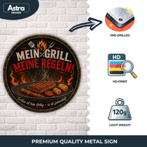 Blechschild Rund 30cm – Mein Grill Meine Regeln BBQ Grillmeister Deko – Produktansicht 2