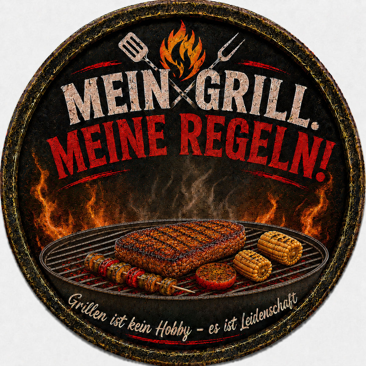 Blechschild Rund 30cm – Mein Grill Meine Regeln BBQ Grillmeister Deko – Produktansicht 1