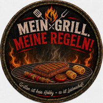 Blechschild Rund 30cm – Mein Grill Meine Regeln BBQ Grillmeister Deko – Produktansicht 1