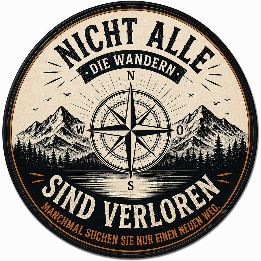 Blechschild Rund 30cm – Nicht alle die wandern sind verloren Kompass Deko – Produktansicht 1