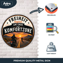 Blechschild Rund 30cm – Freiheit beginnt am Ende der Komfortzone Motorrad – Produktansicht 3