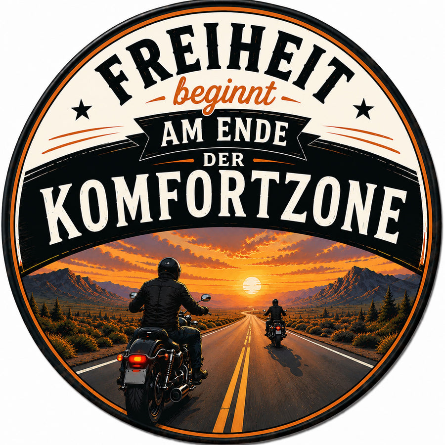 Blechschild Rund 30cm – Freiheit beginnt am Ende der Komfortzone Motorrad – Produktansicht 1