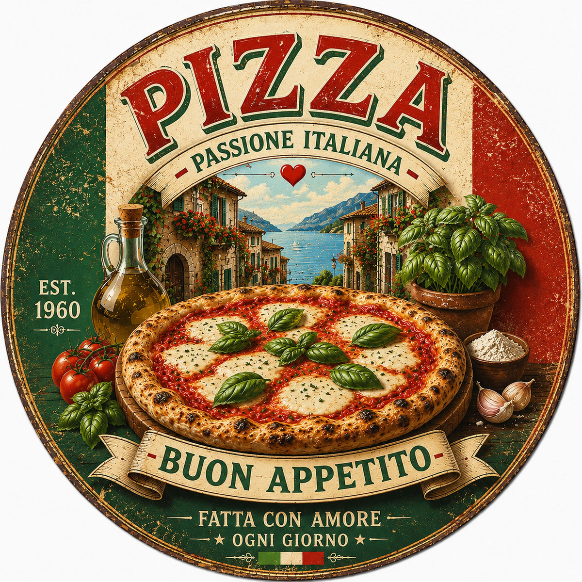 Blechschild Rund 30cm – Pizza Buon Appetito Italien Küche Retro Deko – Produktansicht 1
