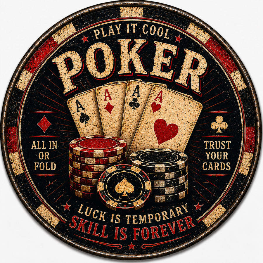 Blechschild Rund 30cm – Poker Spielkarten & Casino Chips Retro Wanddeko – Produktansicht 1