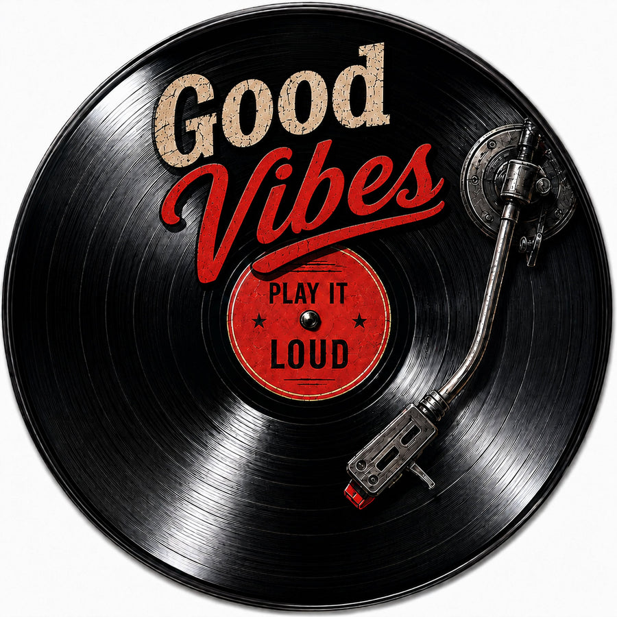 Blechschild Rund 30cm – Good Vibes Play It Loud Schallplatte Vinyl Deko – Produktansicht 1