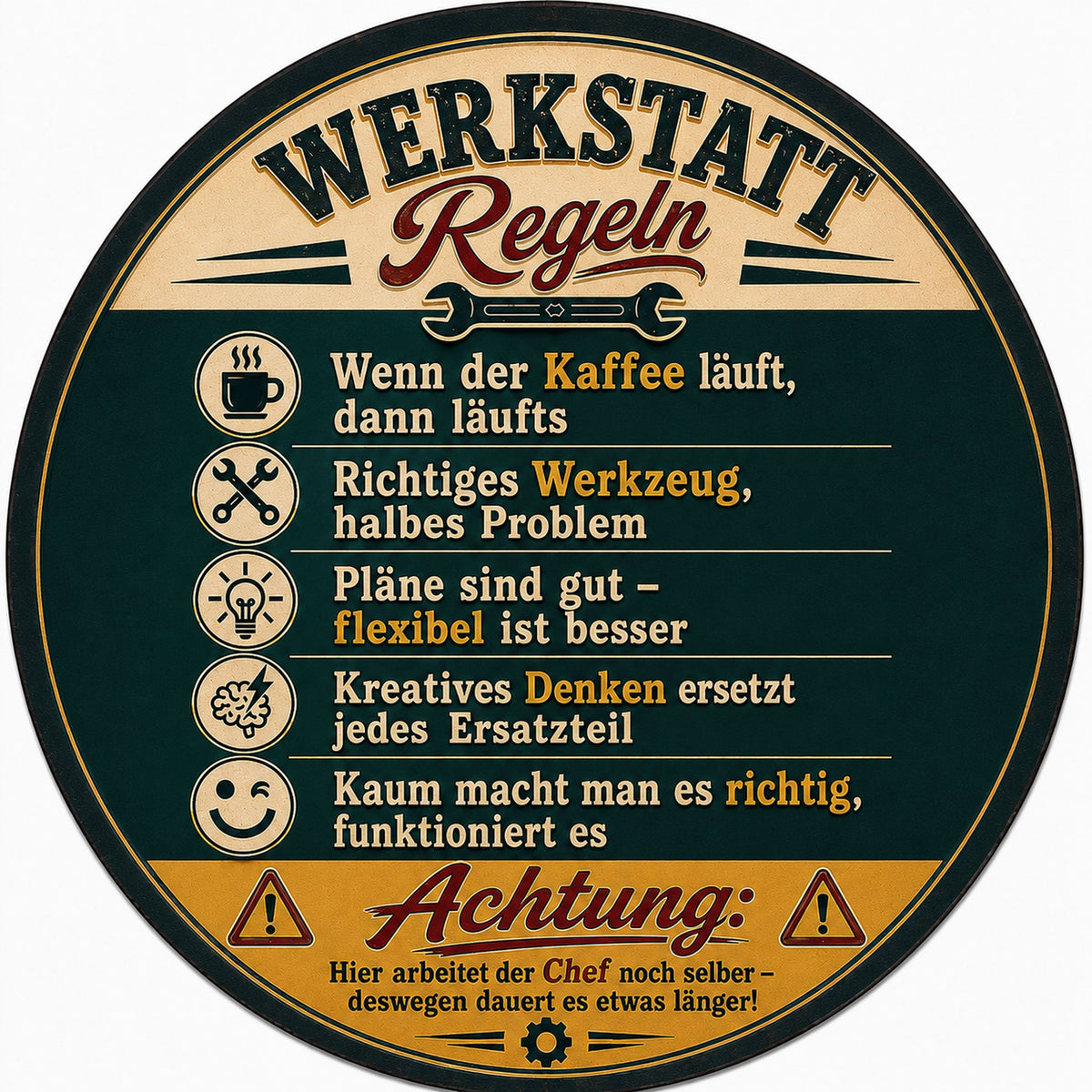 Blechschild Rund 30cm – Werkstatt Regeln Lustiger Schrauber Spruch Deko – Produktansicht 1