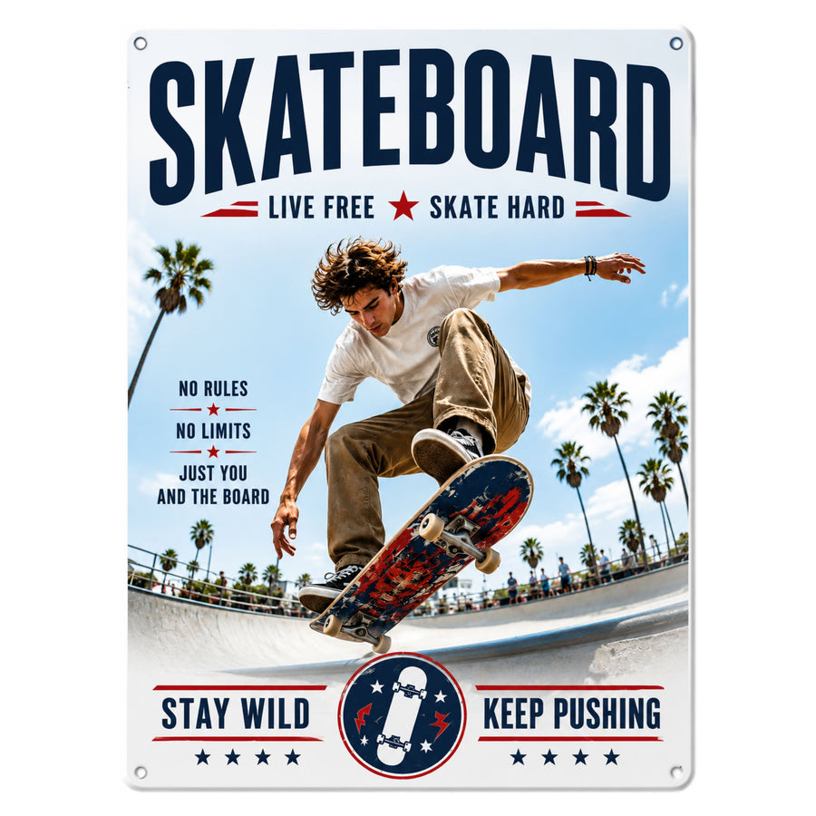 Blechschild 20x30cm – Skateboard Live Free Skate Hard Skater Skatepark Motivation – Produktansicht 1